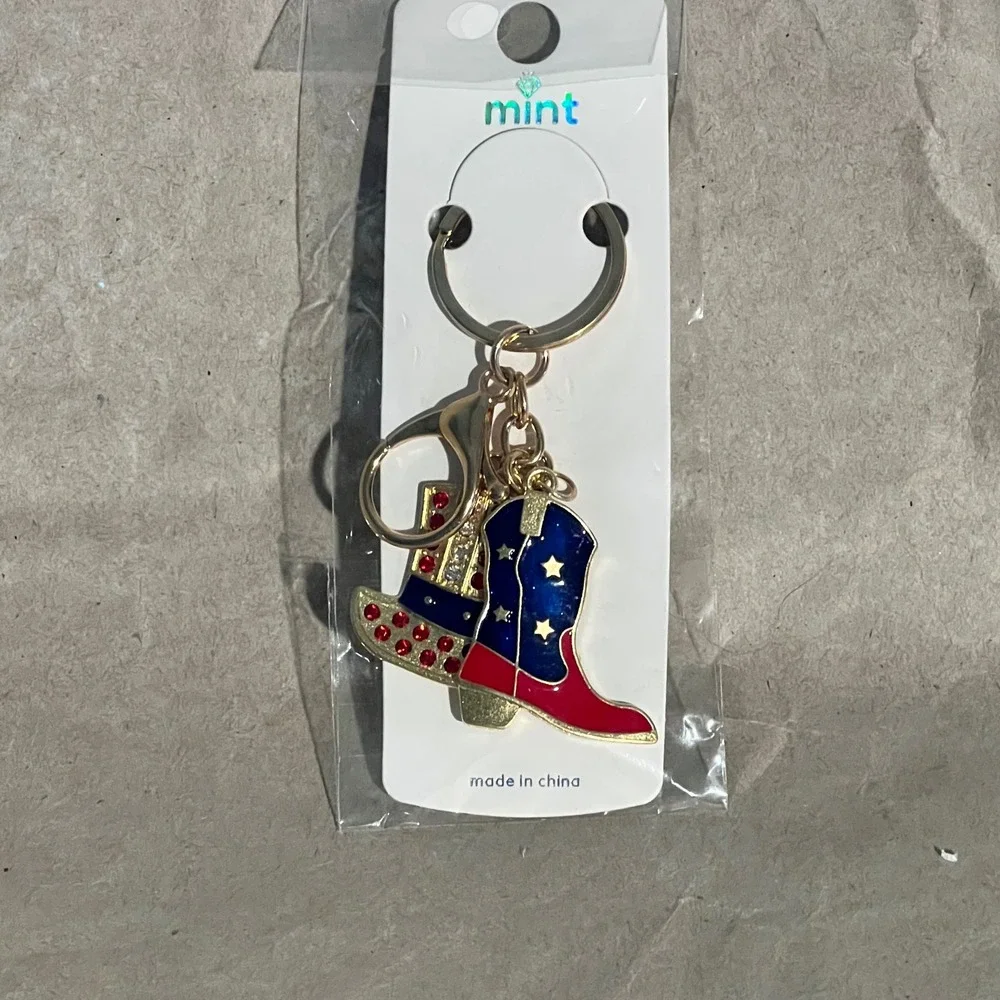 Mint Patriotic Keychain Red White Blue Rhinestone Cowboy Boot Hat Bag Charm